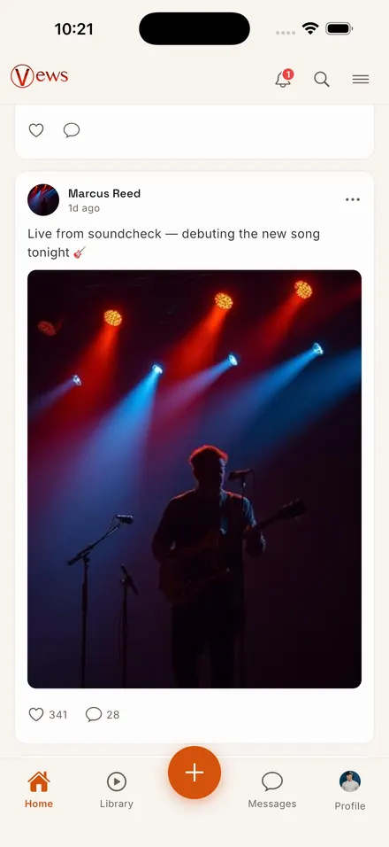 Vews home feed: a creator's post about going live from soundcheck
