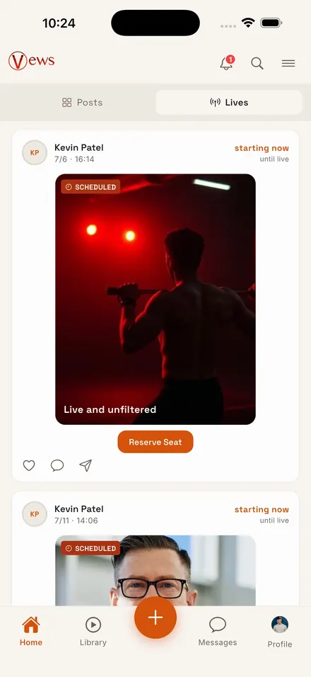 Vews Lives tab: a scheduled live with a Reserve Seat button