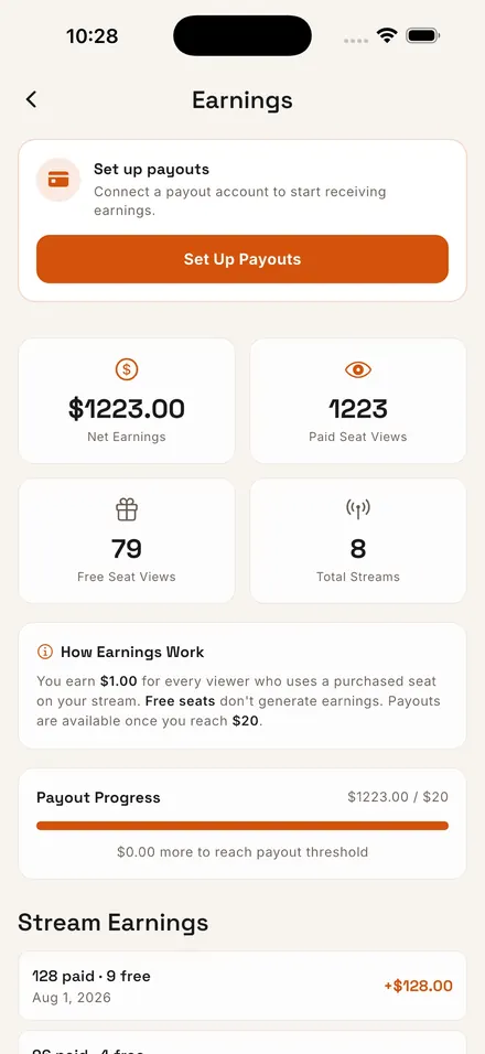 Vews earnings screen: net earnings, paid seat views and how payouts work
