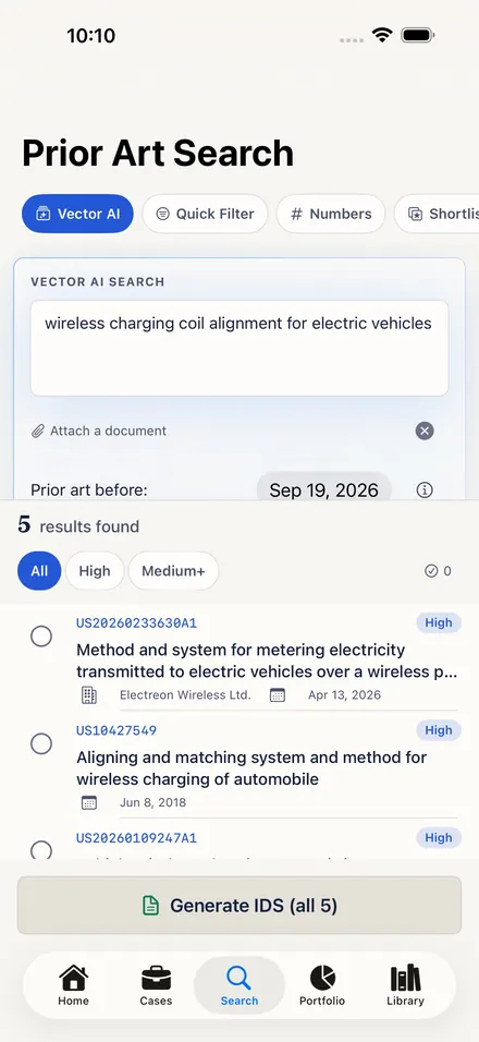YourPatentAI Prior Art Search with ranked results